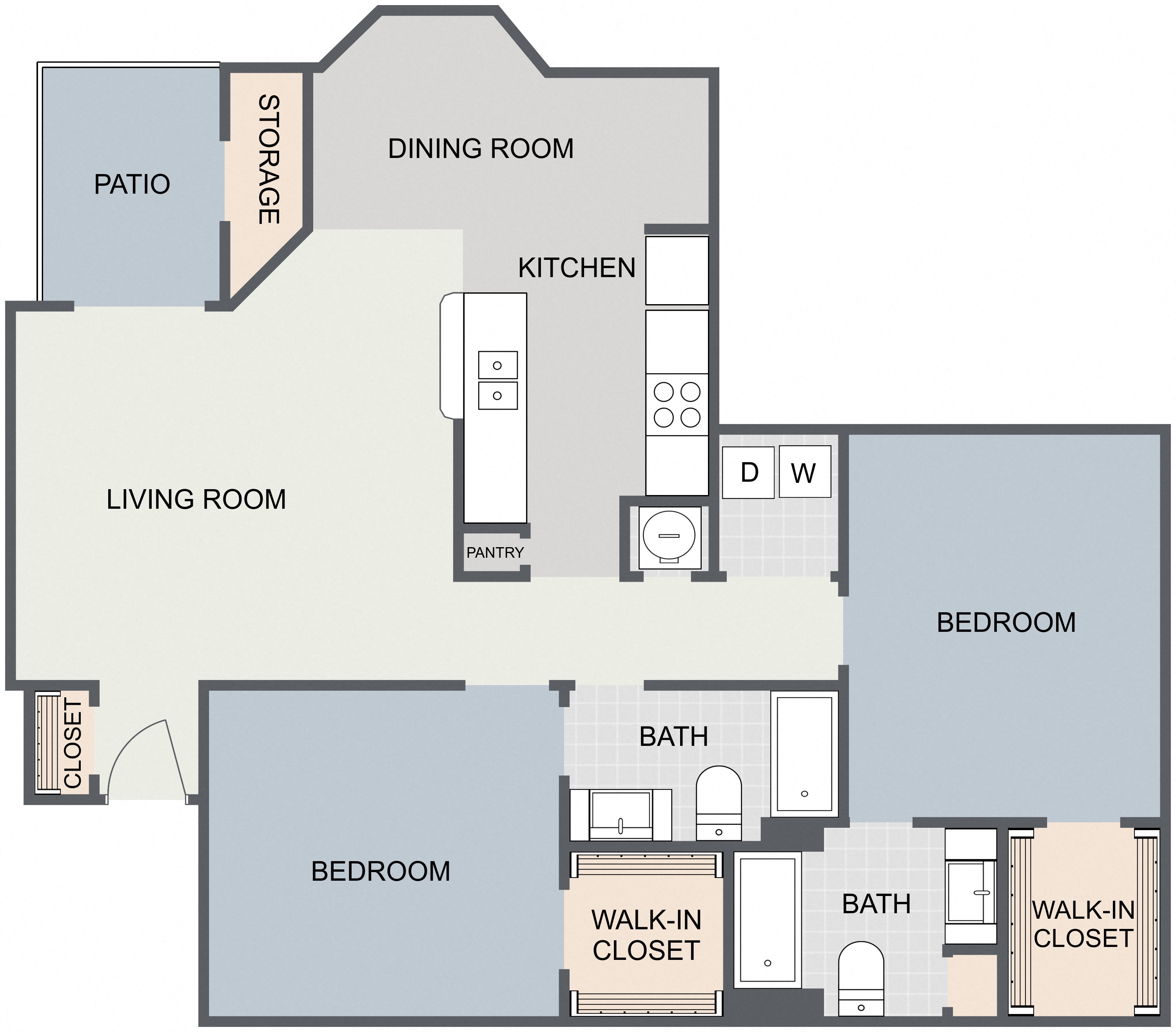 Floor plan for 2 beds, 2 baths, 1138 sqft